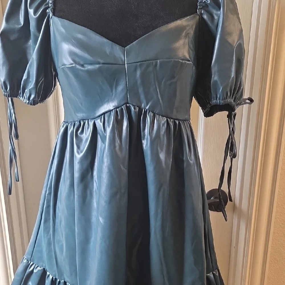 Chic Dark Green Faux Leather Puff Sleeve Mini Dress - Picture 10 of 16